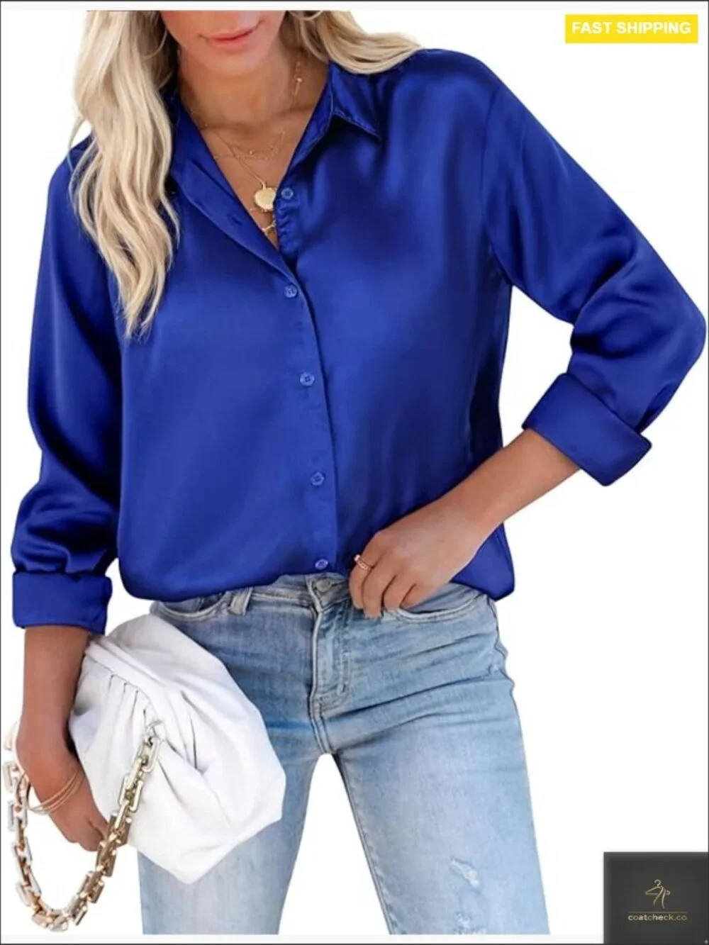 Silk Button Down Shirt Long Sleeve Business Casual Blouse Classic V-Neck
